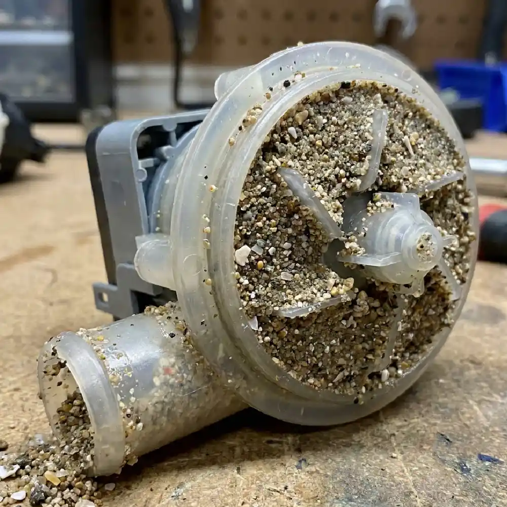 Close up of a Sullivan's Isand washing machine drain pump clogged with beach sand.