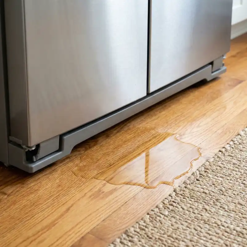 Close up of water pooling on oak hardwood flooring underneath a stainless steel refrigerator in an Isle of Palms home.