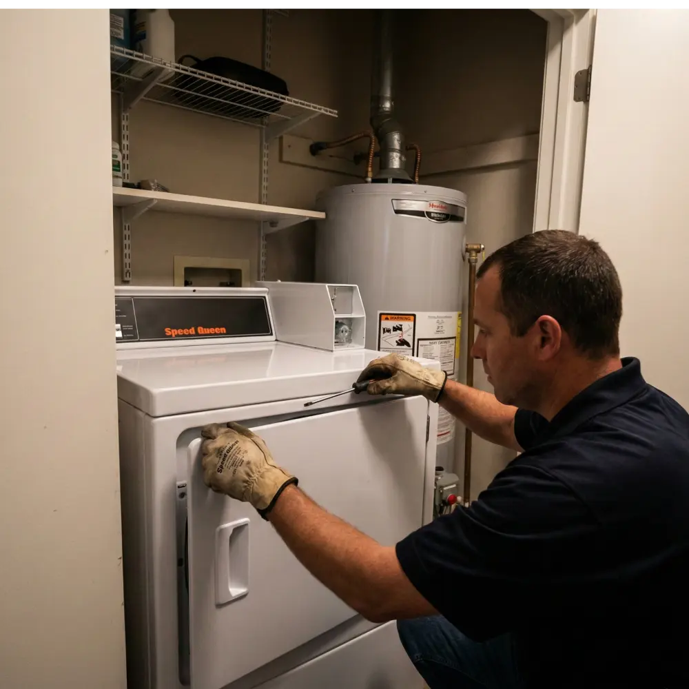 Technician accessing the service panel of a Speed Queen stack washer-dryer unit in a tight vacation rental closet.