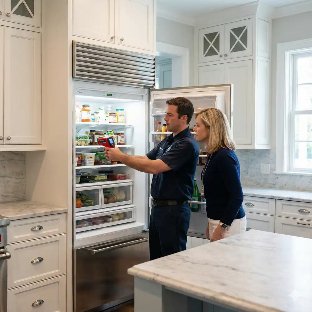 Appliance technician using a red laser thermometer gun to show a temperature reading inside a built-in Sub-Zero refrigerator to a homeowner in a luxury kitchen.